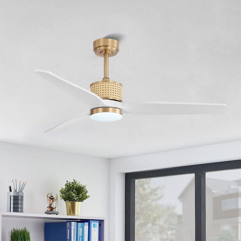 52 po Ventilateur de plafond 3 pales en bois massif avec lumière DEL, Or avec pales blanches