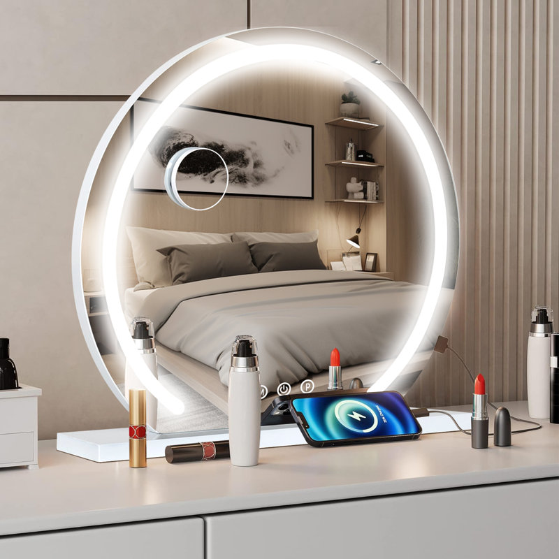 Makeup Mirror with 3 Color Lights, Makeup mirror with Dimmable LED Light Strip, Large Round Mirror, 60 cm H x 60 cm W
