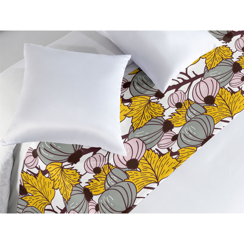 Chemin de lit Ambesonne Botanical Figs sur des branches feuillues terre jaune rosé et blanc, Très grand lit