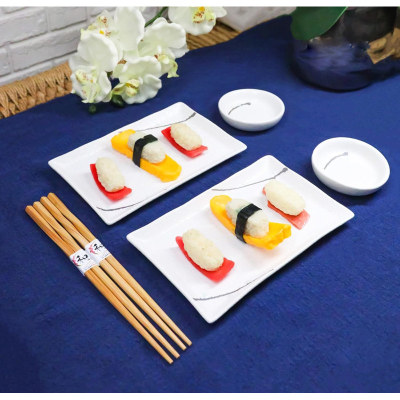 Yukino Hana Porcelain Sushi Plates Sauce Dishes Chopsticks Dinnerware Set For 2