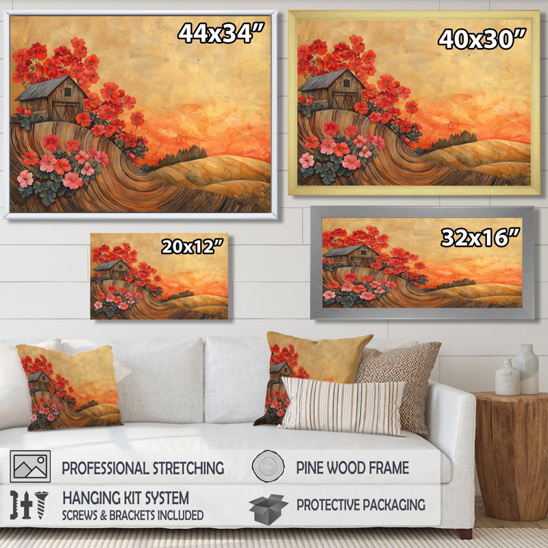 Fleurs de géraniums à la grange paysage I - décoration murale géraniums, H 34 po x l 44 po, Cadre flottant, Blanc