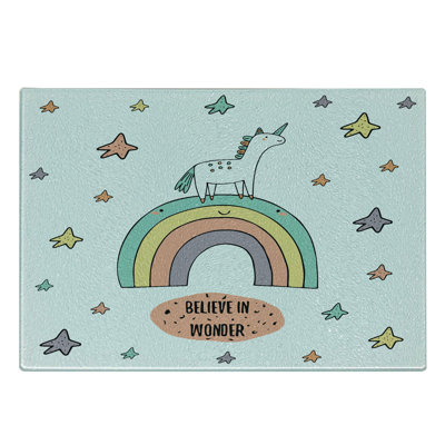 Ambesonne Unicorn Tempered Glass Cutting Board Rainbow Colorful Stars Multicolor