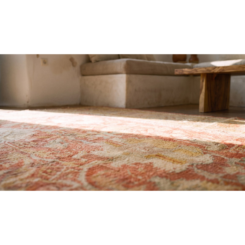 Large Scale Allover Tribal Pattern Antique Rustic Coral Color Decorative Turkish Oushak Rug