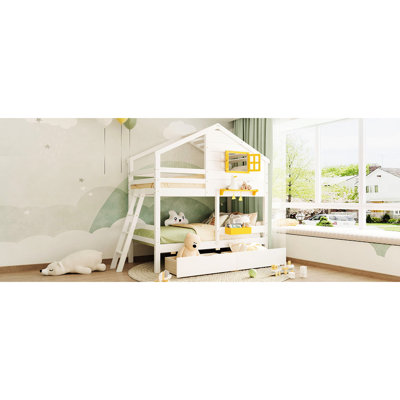 Twin Over Bunk Bed In Gray. Includes 2 Drawers, Storage Box, Shelf & Window. Solid Wood. For Older Than 6 Comes With Wood For Stability. Years And Above