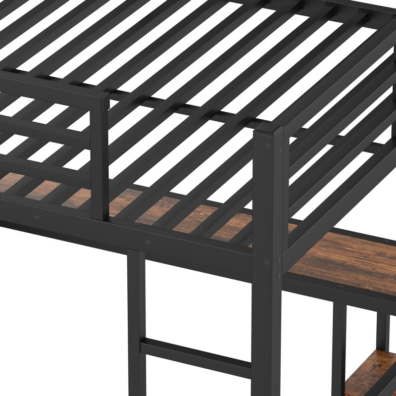 Queen Size Metal Loft Bed with Built-in Wardrobe, Desk, and Storage Shelves, Woodgrain Space-Saving Loft Bed Frame