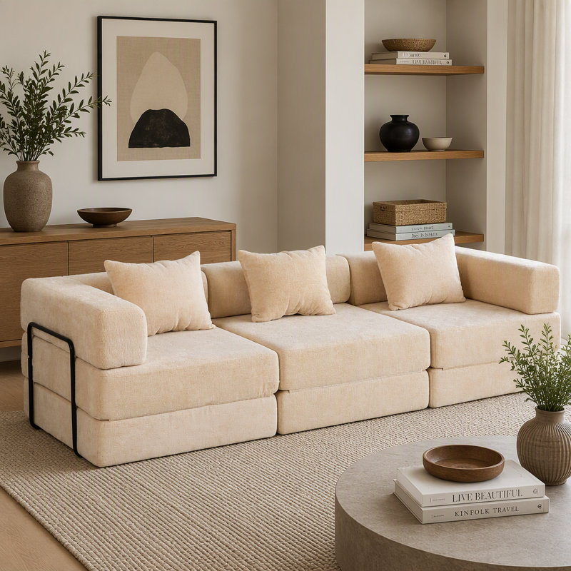 Canapé-lit convertible Compression, L 118,11 po, Chenille beige