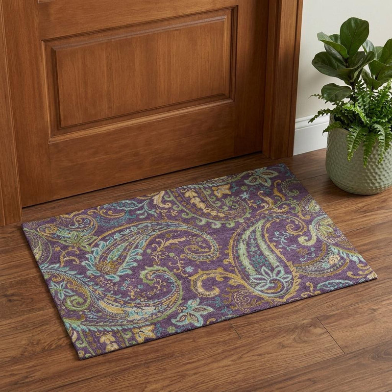 3' X 5' Purple Green And Blue Paisley Distressed Washable Area Rug With UV Protection