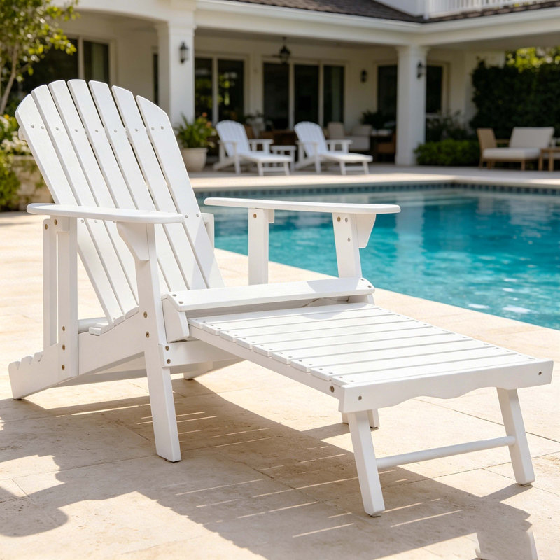 White Malibu Folding Acacia Wood Adirondack Chair With Ottoman, Weather-Resistant Outdoor Patio Chair, 60" L, For Backyard, Garden, Deck, Poolside