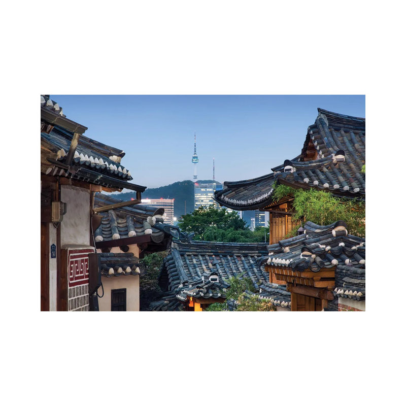 Historic Bukchon Hanok Village in Seoul with View of the N Seoul Tower and Namsan Mountain at Night 1 Piece Wrapped Canvas Wall Art