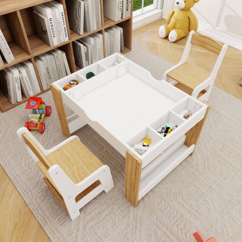 Ensemble de table de jeu pour enfants 2 en 1 et 2 chaises, 7 compartiments de rangement avec cloisons amovibles, compatible avec Lego et tableau blanc à double face, plateau de table amovible pour un grand espace de rangement