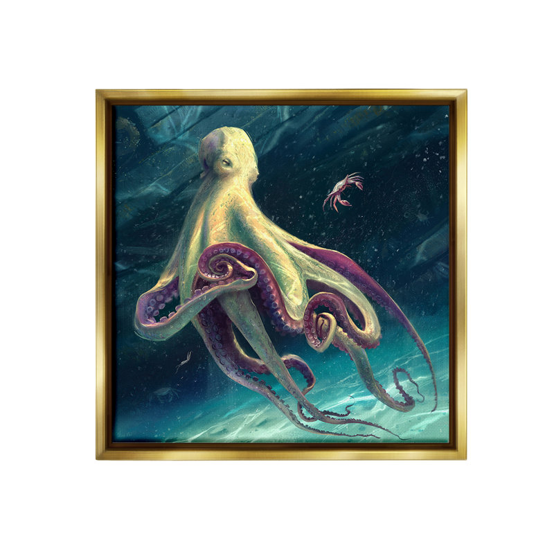 «Deep Water Octopus», art mural encadré flottant sur toile dorée, Cadre flottant métallique doré, H 25 po x l 25 po