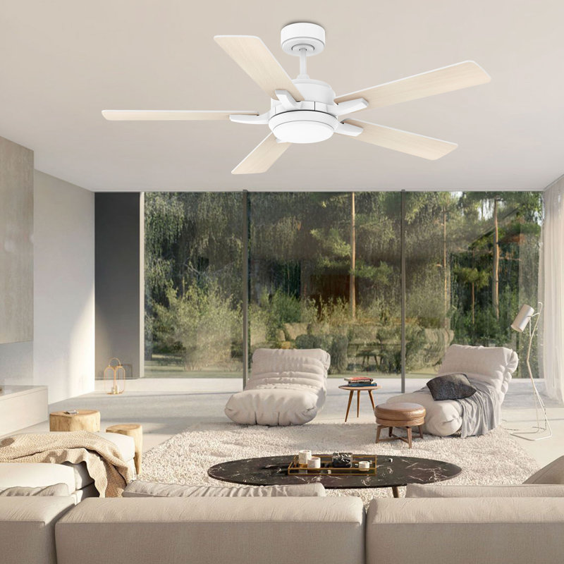 Ventilateurs de plafond intelligents en bois à 52 pales de 52 po avec télécommande à DEL, WIFI Alexa APP, Blanc / blanc