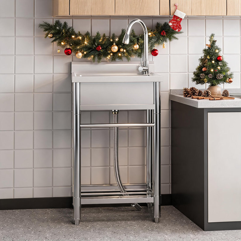 Freestanding Single Bowl Stainless Steel Kitchen Sink, 24 x 20 x 41 in