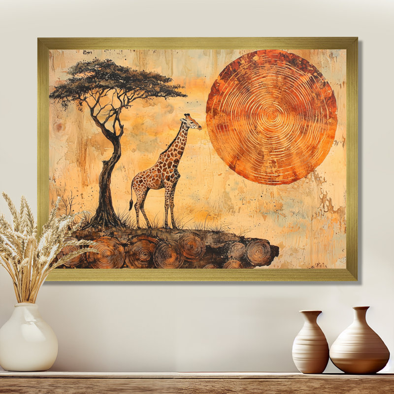 Silent Watcher Girafe In African Landscape III - Animals Wall Art, Single Picture Framed, 12" H x 20" W, Gold