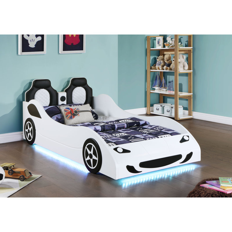Anajia Wood Twin LED Race Car Bed White, White