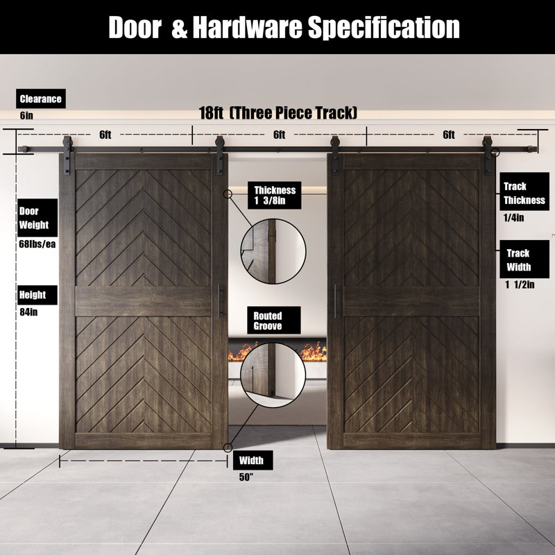 Homacer ébène 50 po x 84 po fini et non assemblé 4-en-1 Fishbone deux portes de grange avec quincaillerie d'installation sans dérivation, rail de 18 pi, utilisation intérieure seulement