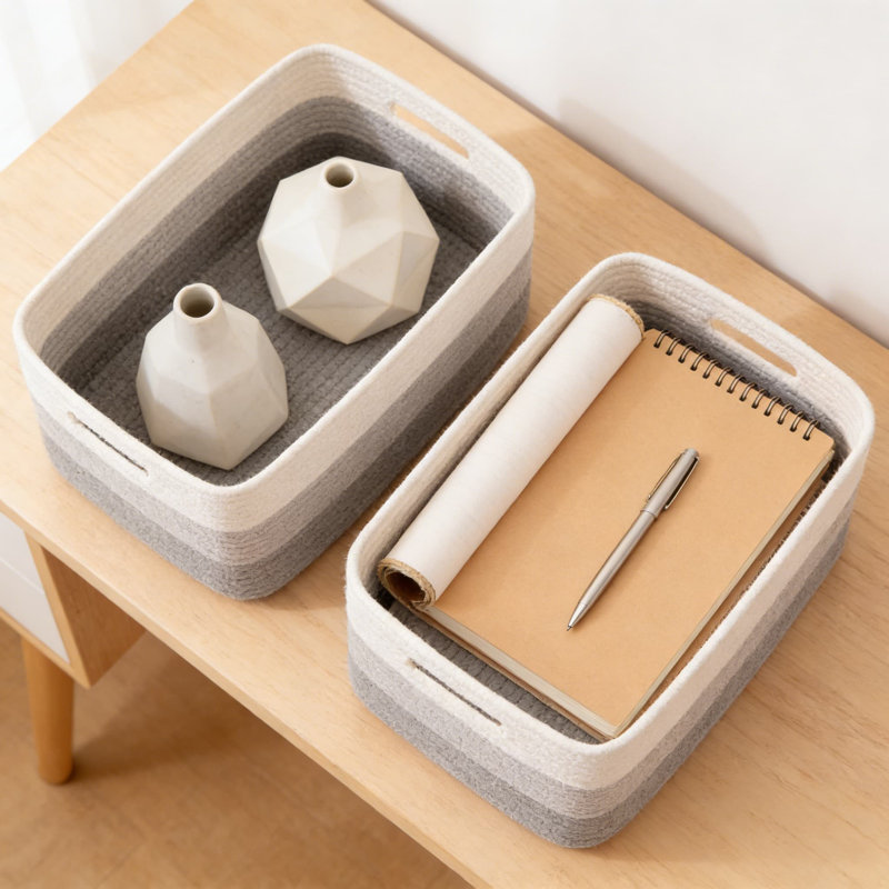 Large Woven Storage Basket Set Of 2, Natural Cotton Rope Organizer Bin For Shelves, Closet, Nursery, Living Room For Clothes, Toys, Blankets, And Home Organization