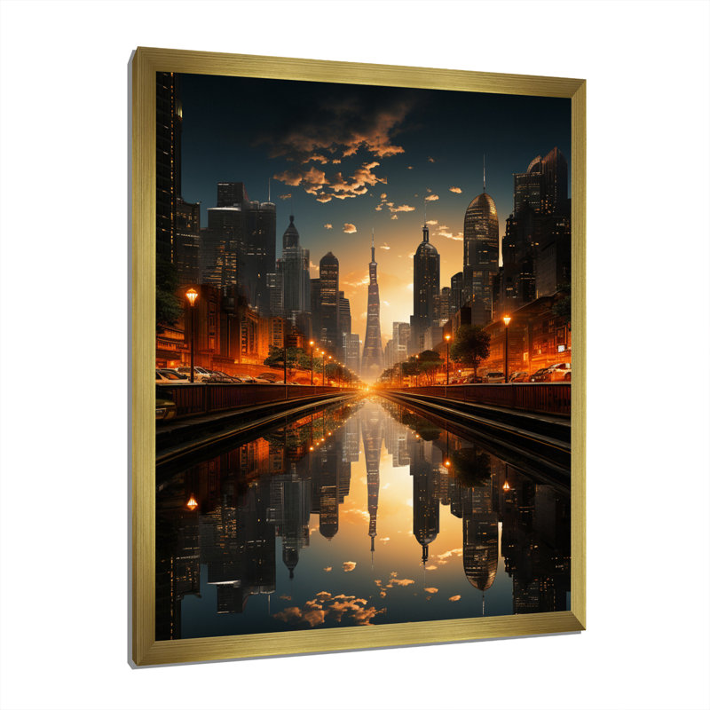 «Orange Canal Urban Reflections Cityscape», impressions sur toile de paysages urbains, Encadrement doré