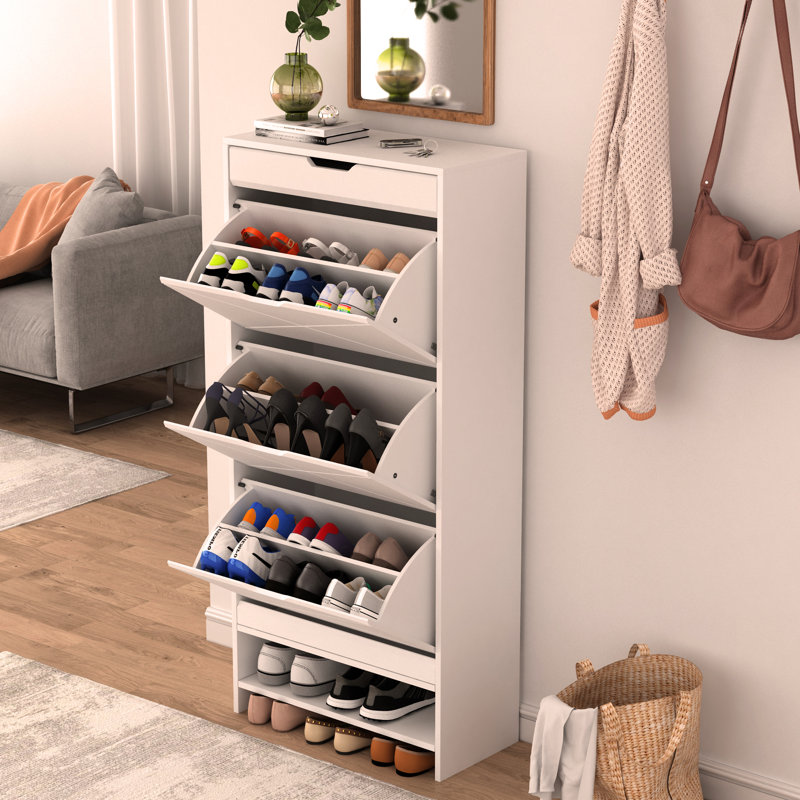 3 Tier Shoe Storage Cabinet with Drawers for Entryways,Bedroom,Flip Door Design Shoe Cabinet.Wood coloured Finish, White