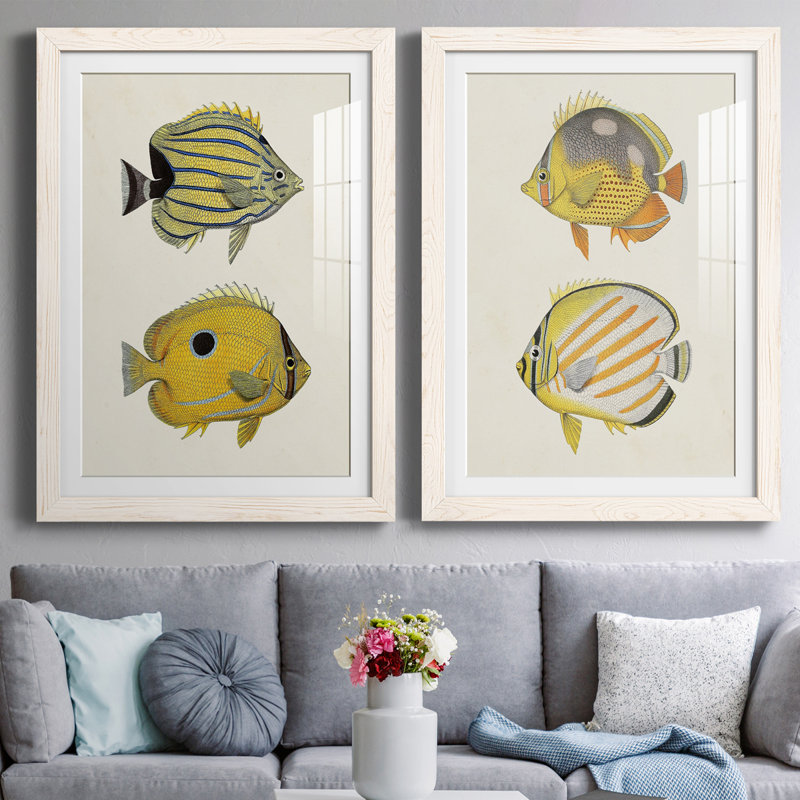 Jaune et gris Fish III Premium encadré mat - prêt à être accroché, H 43,5 po x l 31,5 po x P 1 po, Blanc