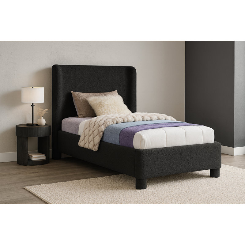 Ivyann Upholstered Unfinished Wingback Bed, Twin, Black Boucle Fabric