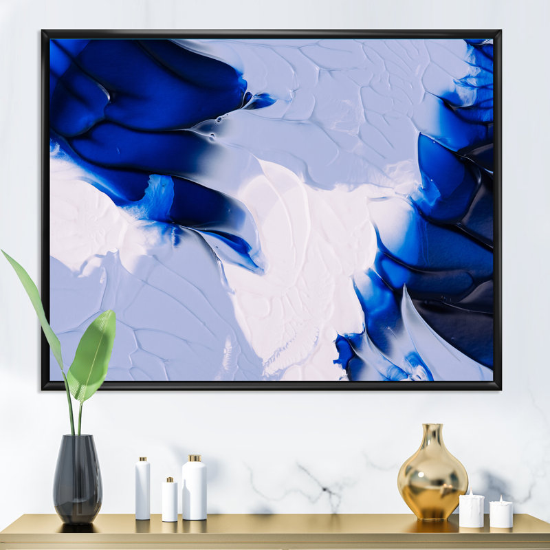 Abstrait bleu gris et vagues blanches - Peinture sur toile, H 12 po x l 20 po x p 1 po, Cadre flottant noir