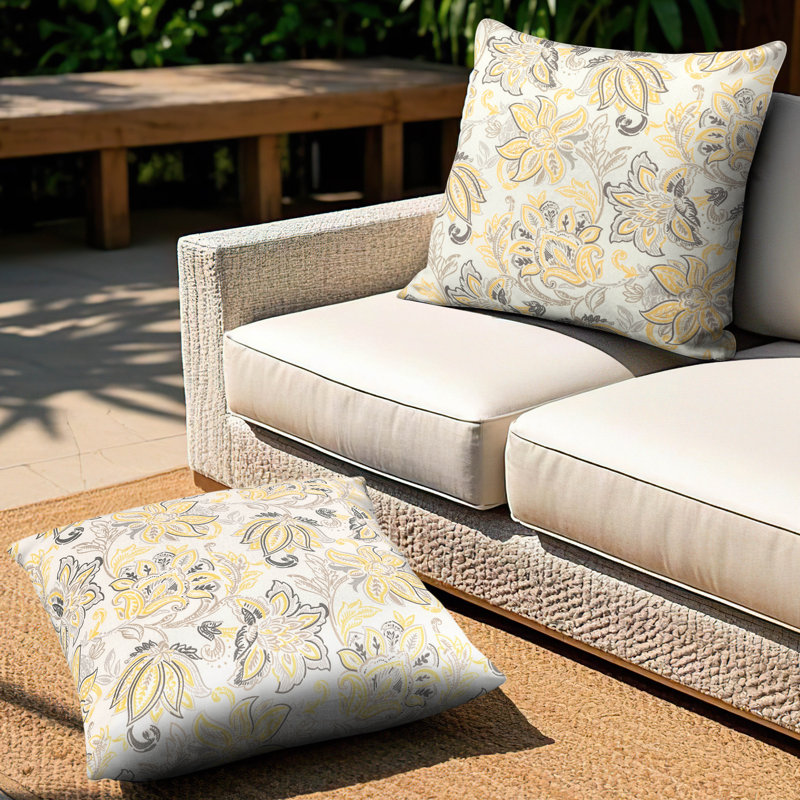Outdoor Patio Water-Resistant Throw Pillows Set of 2, Ink Floral Pattern, Yellow/Gray Floral