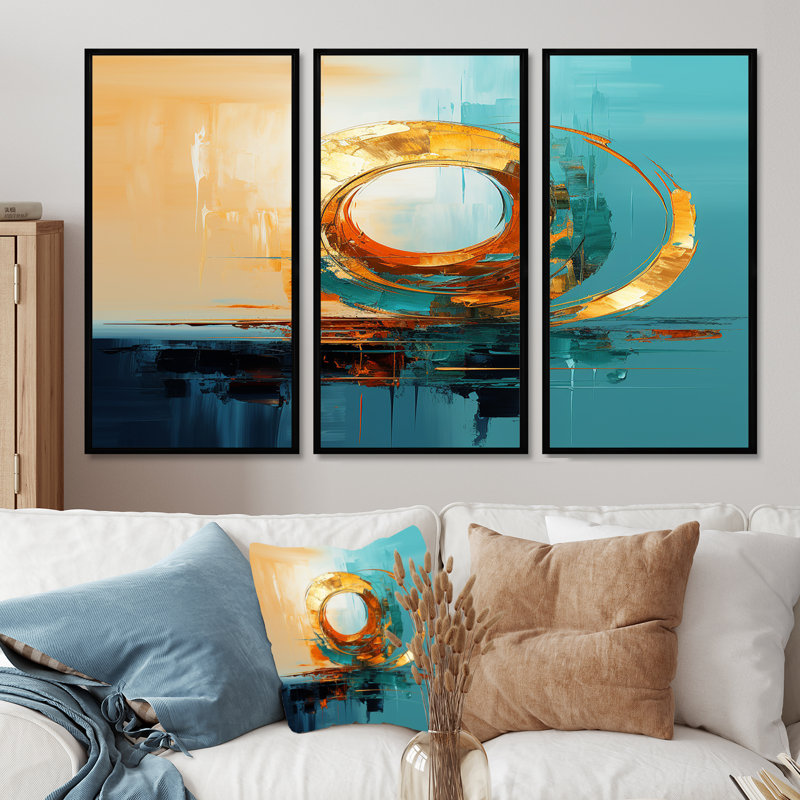Golden Horizon - ensemble d'art mural abstrait, H 28 po x l 36 po x P 1 po, Cadre flottant noir