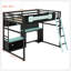 Lit mezzanine double en bois avec bureau, tablettes, lumières DEL, ports USB et panneau perforé, noir et bleu-129747079
