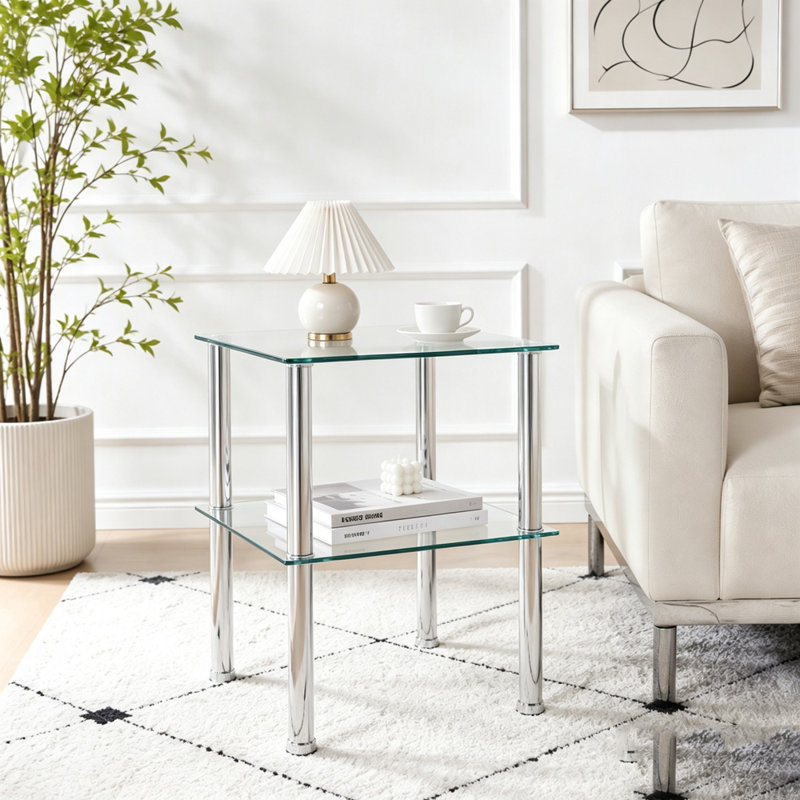 Ensemble de 2 tables d'appoint transparentes, tables basses en verre à 2 niveaux avec tablette de rangement