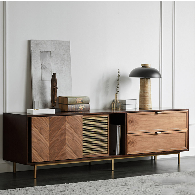 Meuble télé de rangement rétro luxueux en parquet brun et brun foncé, 78,74 pouces., H 21,65 po x l 78,74 po x P 17,72 po