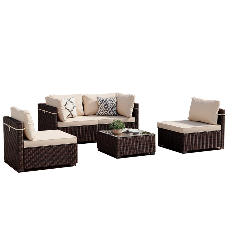  5-Piece Wicker Patio Conversation Set With Beige Cushions, Beige, 4 Pieces: Table, 3 Chairs, Brown