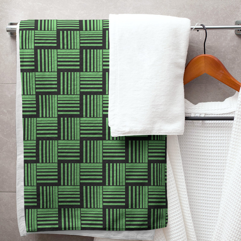 Serviette de bain à rayures Baskettressée classique, Vert foncé / Noir