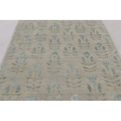 Rug & Kilim’S Block Print Rug With Beige-Gray And Steel Blue Florals