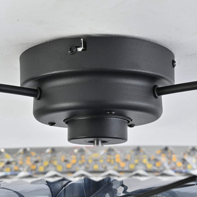 Ventilateur de plafond encastré de style ferme de 50 cm avec éclairage, cage métallique géométrique noire et bordure en cristal facetté, 7 pales en ABS+PC gris fumé, moteur CC silencieux à 6 vitesses, télécommande, éclairage DEL 3 couleurs à intensité variable, minuterie et éclairage discret