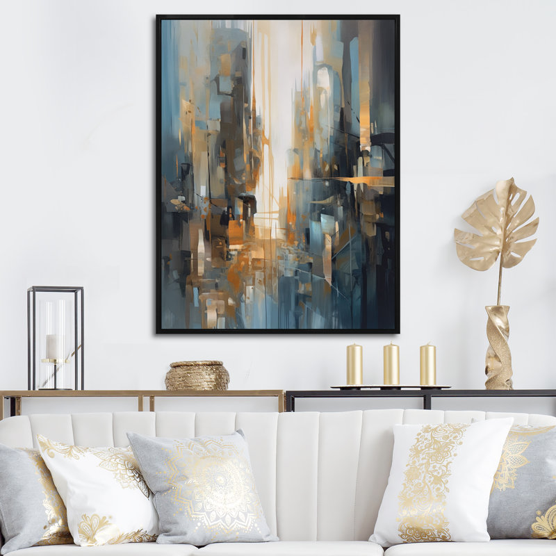 Orange Blue Geometric Blend - Minimalism Canvas Prints, 44" H x 34" W, Floater Framed Print, Black