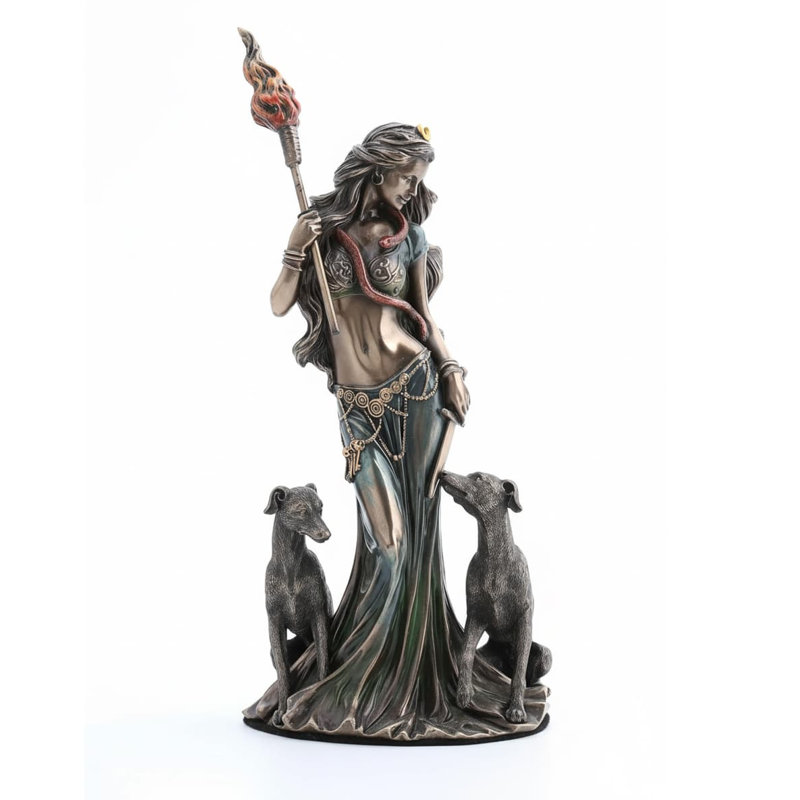 13" Hecate Greek Goddess Resin Sculpture - Marble White Finish with Hounds, Antique Bronze