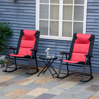 3 Piece Outdoor Patio Furniture Set With Glass Coffee Table & 2 Folding Padded Rocking Chairs,Bistro Style For Porch,Camping,Balcony by Arlmont & Co.
