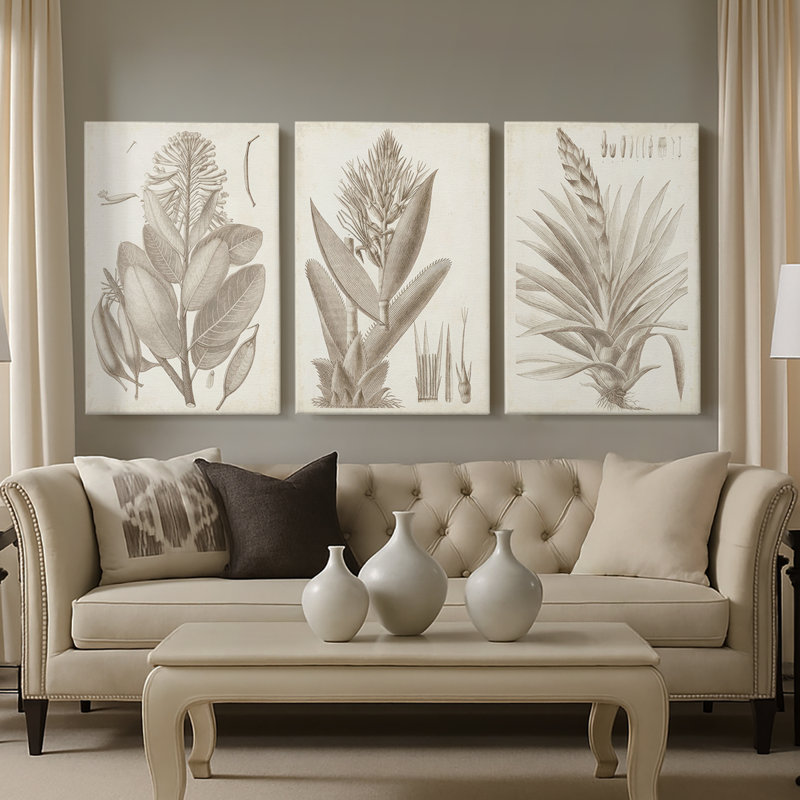 Sépia plantes exotiques I - Toile tendue avec châssis sur mesure - 3 pièces, H 48 po x l 96 po