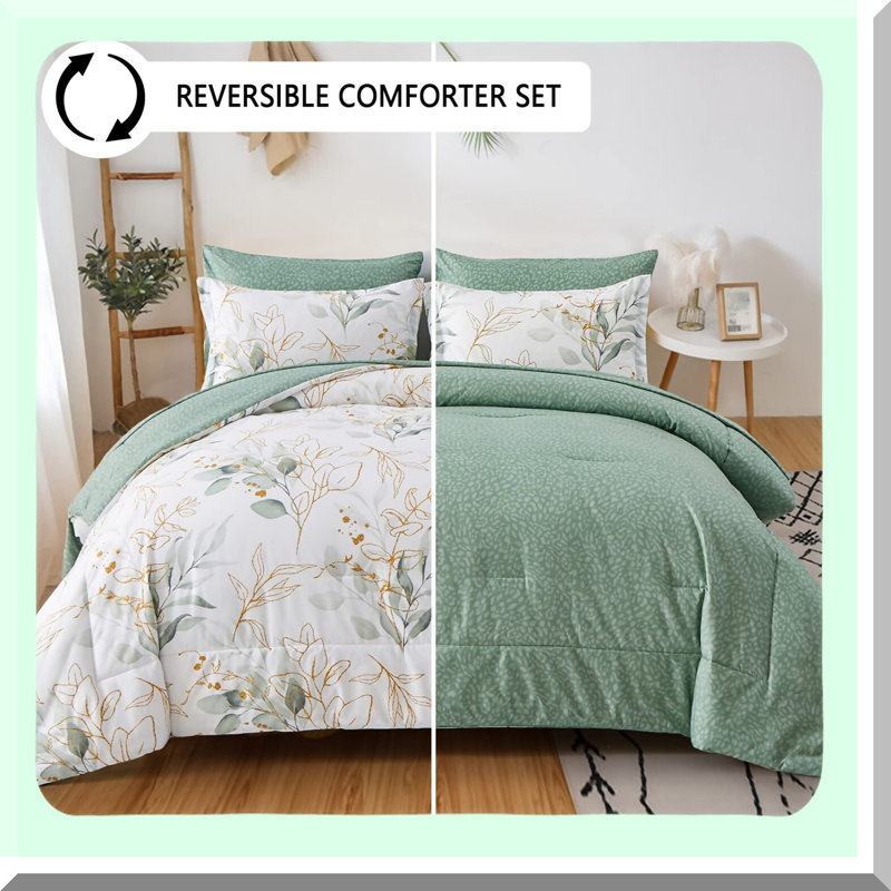 Leafy Dreams 7-Piece Queen Comforter Set - Botanical Bedding in Soft Microfiber with Reversible Design. Includes Comforter, Pillowcases, Shams, Flat Sheet, and Fitted Sheet. Create a cozy oasis with this floral-inspired set!