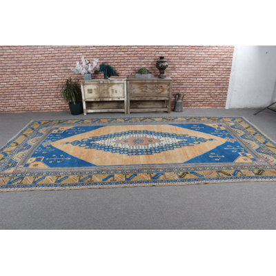 Tapis turc anatolien surdimensionné rétro bleu pour salle à manger avec motifs Oushak et décoratifs