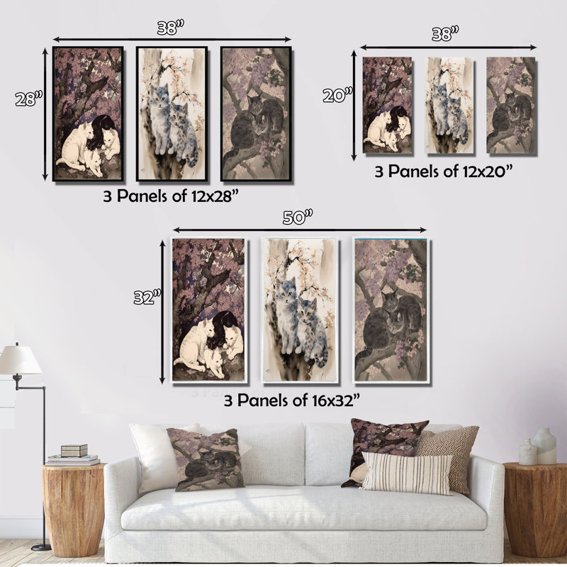 White Cats And Black Cat Sleeping Under Tree - Animals Cat Art Set Of 3 Pieces, Toile tendue, H 20 po x l 36 po