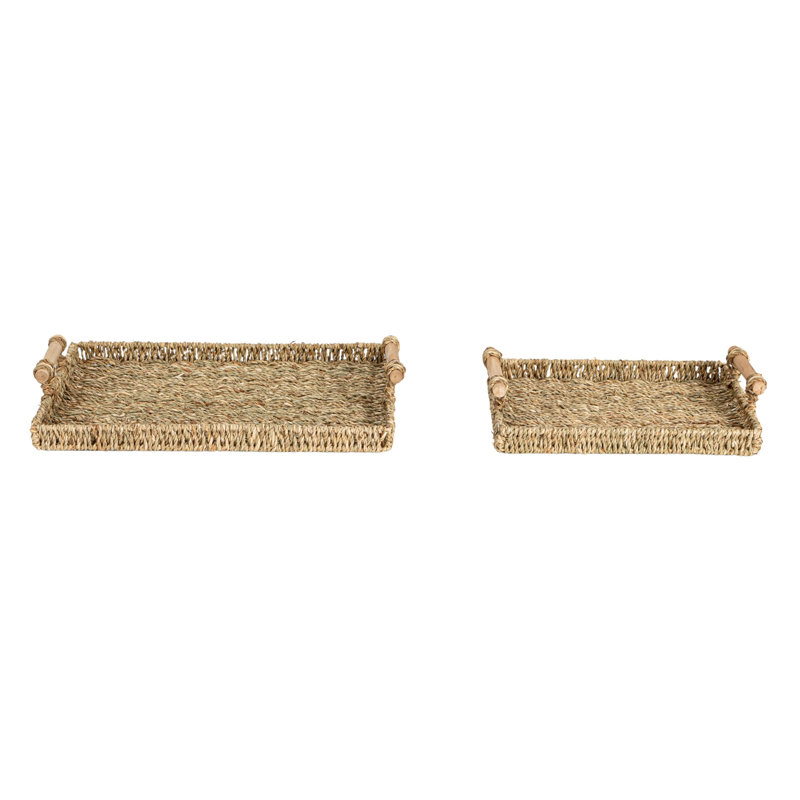 Natural Seagrass and Wood Rectangular Serving Tray Set with Handles