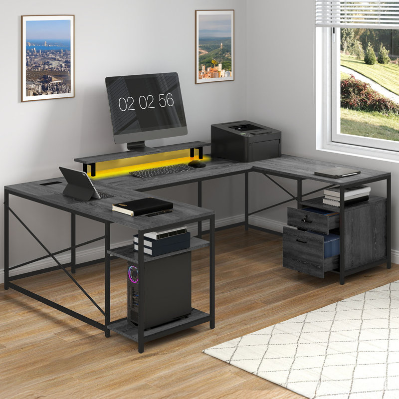  Bureau en U avec prises de courant et lumières DEL, bureau d'ordinateur réversible avec tiroirs et tablettes de rangement