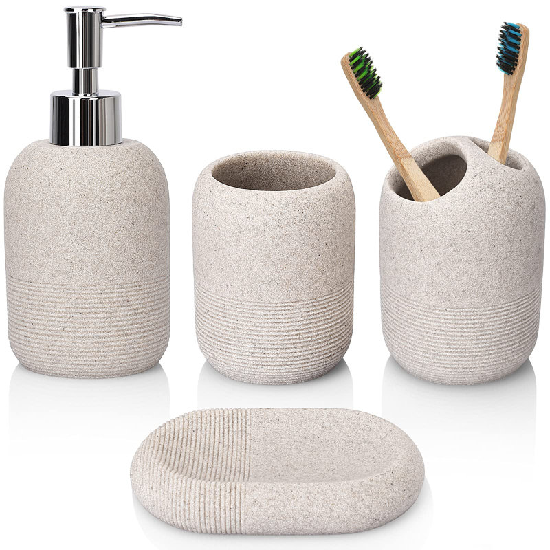 Ensemble d'accessoires de salle de bain, ensemble d'accessoires de décoration 4 pièces avec distributeur de savon, porte-brosse à dents, gobelet de salle de bain, porte-savon pour accessoires de comptoir, beige
