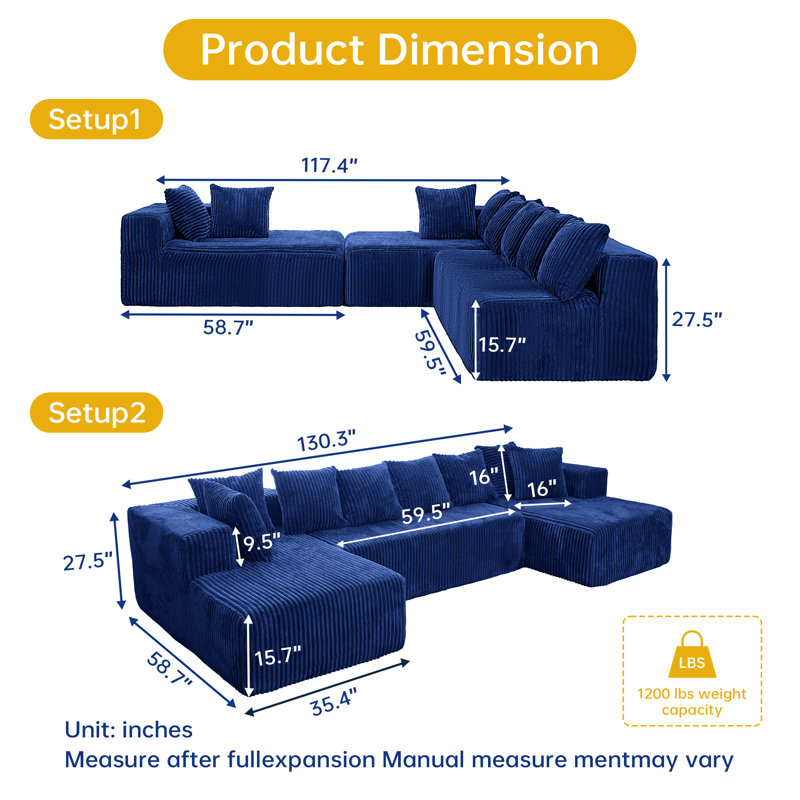 130" Cloud Boneless Couch Modular U-Shaped Sectional Sofa, 4-Seater with Reversible Chaise, Striped Corduroy Fabric for Living Room or Bedroom