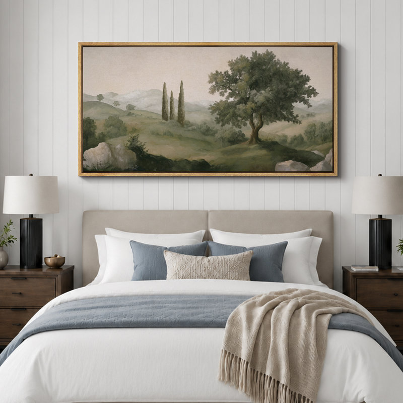 «Tuscan Hills and Cypress Trees», impression sur toile encadrée - décor de paysage méditerranéen, Naturel, H 30 po x l 60 po
