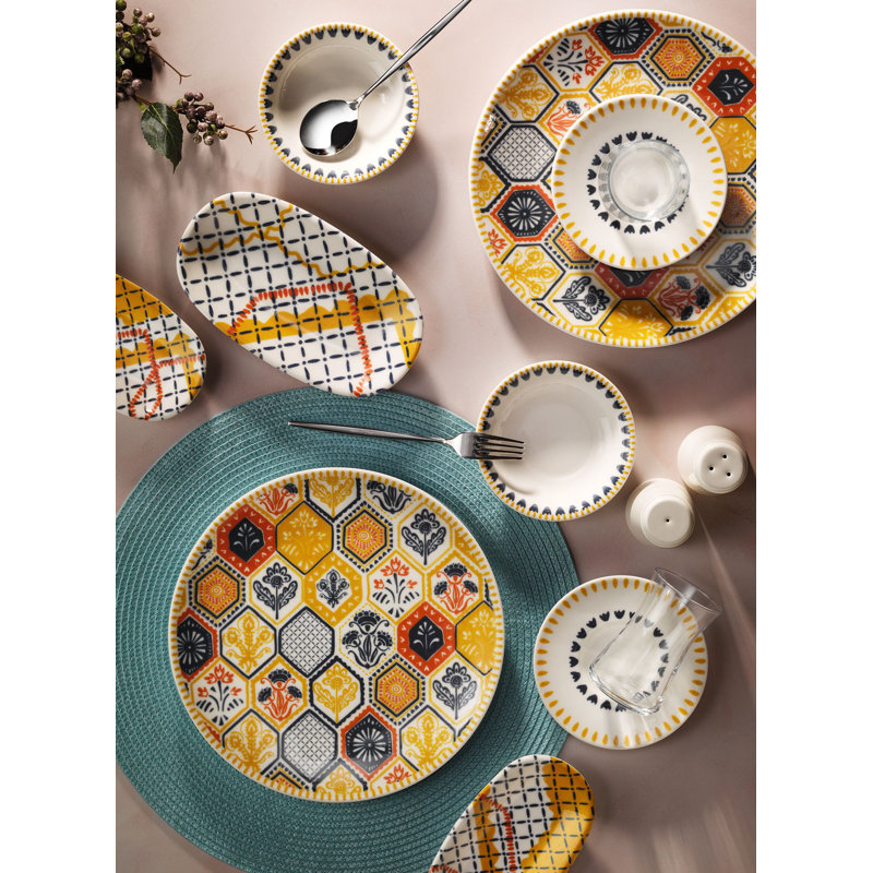 Ensemble de petit déjeuner (30 pièces), Géométrique, Brun / blanc / jaune