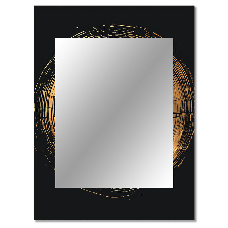 Abstrait noir et doré de l'anneau d'arbre II - miroir mural décoratif en bois, grand miroir traditionnel, impression d'art en métal