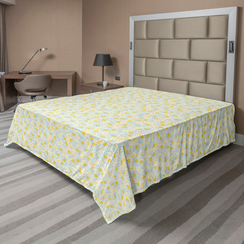 Drap plat moderne de style bohème Ambesonne, Champagne / motif floral moutarde, Drap plat grand